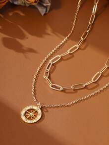 2pcs Minimalist Copper Square Paperclip Clavicle Chain With Cubic Zirconia Star & Sun Pendant Necklace, Suitable For Girl Party Wear (Random Chain Clasp & Bead Count) - Yellow Gold - View 3