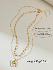 2pcs Minimalist Copper Square Paperclip Clavicle Chain With Cubic Zirconia Star & Sun Pendant Necklace, Suitable For Girl Party Wear (Random Chain Clasp & Bead Count) - Yellow Gold - View 6