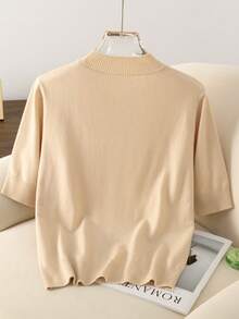 Slim Fit Crew Neck Strickpullover, minimalistisch elegantes Damen Top für den Sommer - Aprikosenfarben - Übersicht 3