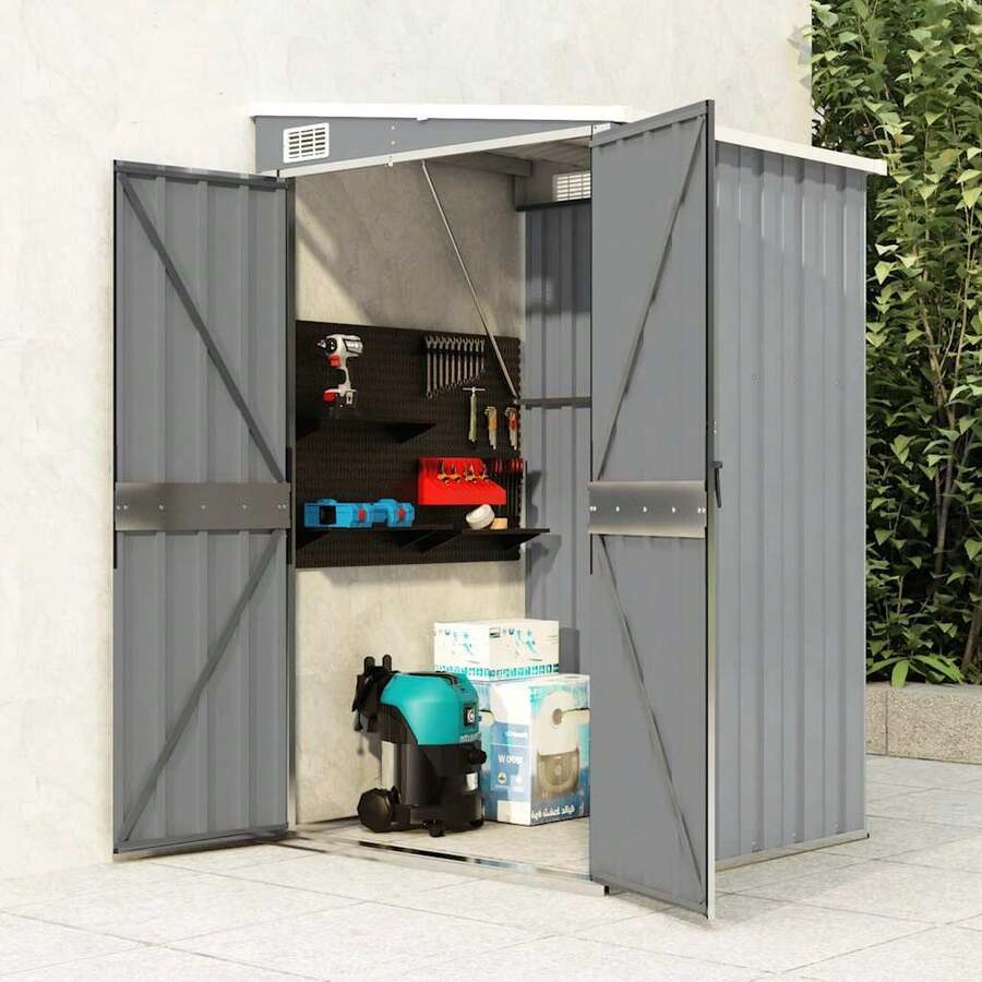 vidaXL Anbauschuppen Grau 118x100x178 cm Verzinkter Stahl Gartenhaus, Geräteschuppen, Gartenhäuschen, Gartenmöbel Schuppen – ideal für Garten, Terrasse oder Rasen - A - Übersicht 1