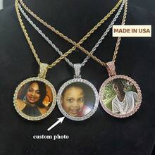 (Customized Product) Customized Small Circular Photo Frame For Boys, Customized Photo Pendant With Full Diamond  Copper Jewelry, Customized Unique Necklace - Multicolor - View 1