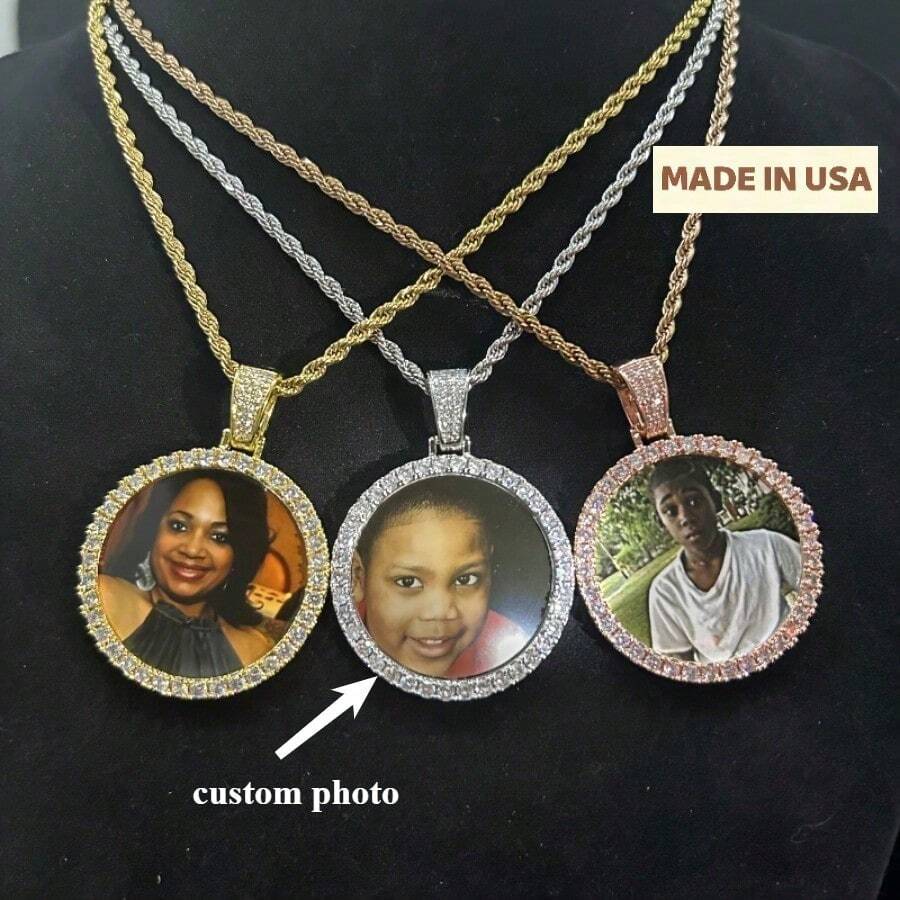 (Customized Product) Customized Small Circular Photo Frame For Boys, Customized Photo Pendant With Full Diamond  Copper Jewelry, Customized Unique Necklace - Multicolor - View 1