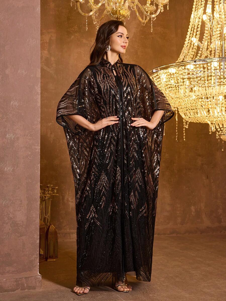 SUPGIR [Random Print] Women's Long Sleeve Sequin Patchwork Waist Tie Evening Dress - Black - View 1