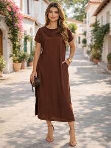 Women's Midi Dress With Pockets Round Neck Everyday Loose Fit - 鏽棕色 - 查看 10