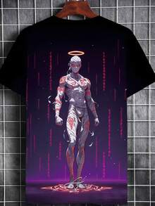 3D Digital Print Men'S T-Shirt | Casual Wear For Home Office Gym, Purple Futuristic Design, Lightweight, Durable, Comfortable Fit, Fashion Statement, Crew Neck, All Over Print, Perfect For Summer - 黑色 - 查看 3