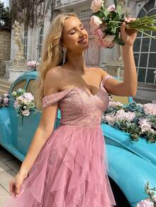Fashionable Elegant Lace Splicing Mesh High Slit Bridesmaid Gown Dresses - Pink - View 7