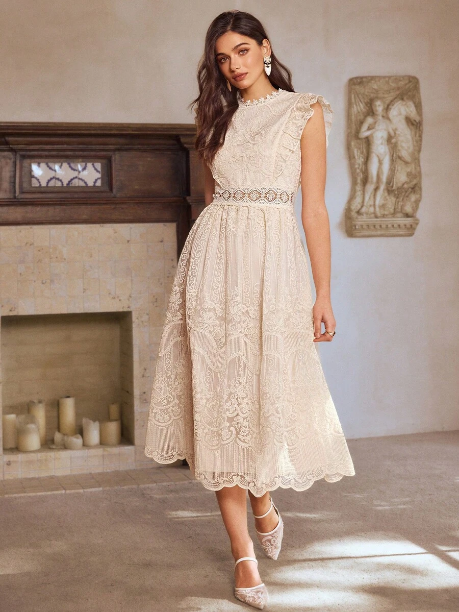 Simplee Vestido sin mangas con bordado de malla y volantes, adecuado para bodas y fiestas, nuevo para primavera/verano de mujer - Albaricoque - Ver 1