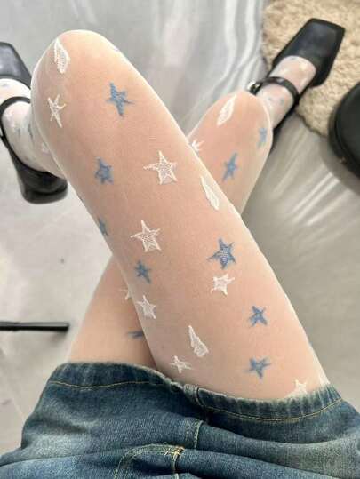 1 Pair New Women's Star Pattern Sheer Tights – Thin Sweet Cool Style Pantyhose For Spring Summer & Daily Outfits