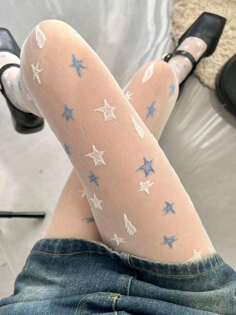 1 Pair New Women's Star Pattern Sheer Tights – Thin Sweet Cool Style Pantyhose For Spring Summer & Daily Outfits - milky white - View 1