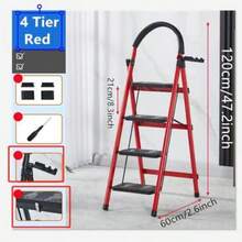 3/4/5-Tier Folding Step Stool (Black/Red/Pink) - Wide Non-Slip Pedals Sturdy Steel Lightweight Portable Step Ladder For Kitchen Home Durable Space-Saving Foot Stool Ideal For Reaching High Cabinets, Organizing, Cleaning & Daily Household Tasks - 粉紅色 - 查看 3