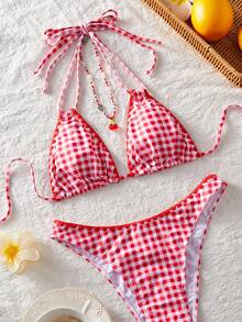 PEPPERMOLLY Red Gingham Halter Bikini Set, Retro Swimsuit With Ruffled Triangle Top & Cheeky Bottoms For Women - Red and White - View 8
