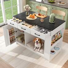 Kitchen Island, 3-Drawer Unit, 1 Spice Rack, Adjustable Shelf, Double Shelf (Without Dog Bowl), Large Pet Storage Space (Without Dog Bed), 120 X 60 X 90 Cm, White - White - View 10