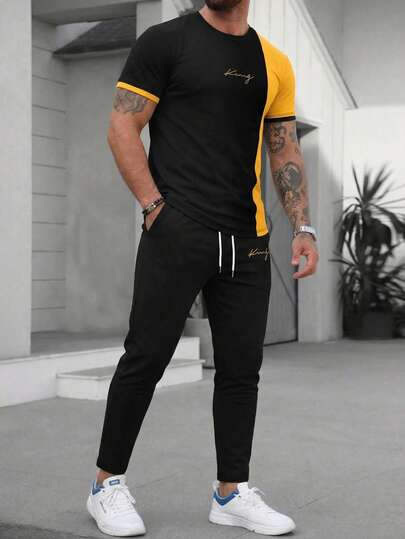 Men's Contrast Color Sports Letter "King" Print Round Neck Short Sleeve Pants Set