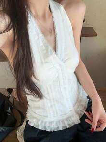 女士无袖吊带衫，法式优雅蕾丝V领吊带背心 - 白色 - 查看 1