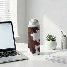 [Local Warehouse] 1 Pc 24oz Insulated Stainless Steel Water Bottle, Realistic Brown And White Cowhide Print, Western Rustic Style Animal Skin Pattern For Ranchers And Farmers, Aesthetic Cowboy Gear For Valentines Day Gifts. - 1PC - View 6