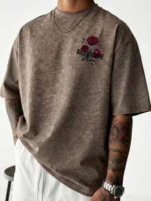 Zrgoth Men's Casual Versatile Rose Flower Print Short Sleeve T-Shirt - Brown - View 2