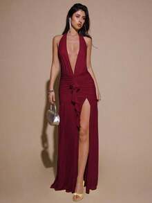 Valentine Outfits For WomenBAE Sexy Minimalist Solid Yellow Cream Deep V-Neck Halter Bodycon Ruched Fitted Women's Maxi Mesh Dress, Suitable For Party, Cocktail, Formal Occasions, Bridesmaid, Birthday, Business Casual, Elegant Women Maxi Dress,Valentine's Day,Valentine Fits For WomenLoose And Comfortablevalentine's Day - 酒紅色 - 查看 4