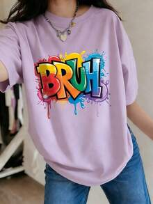 Teen Girls Graffiti Letter Print Short Sleeve T-Shirt, Casual Fashion Girls Clothing - Mauve Purple - View 7