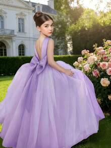 少女优雅浅紫色仿珍珠蝴蝶结薄纱连衣裙，适合婚礼、公主裙、舞会礼服、晚礼服、生日派对、毕业典礼、圣诞节 - 紫色 - 查看 2