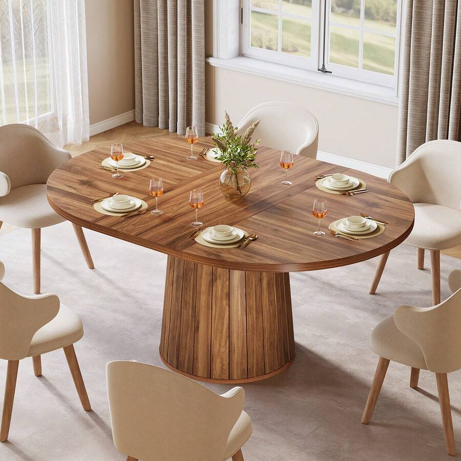 Tribesigns Oval Dining Table For 6 People, 55.11 Inch Farmhouse Wood Dining Table, Rustic Kitchen Table With Wooden Tabletop And Cylindrical Base For Dining Room (Brown) - 棕色 - 查看 1