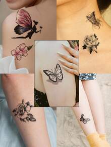Tatuajes temporales con diseño de mariposas 3D, variados diseños de mariposas y flores, aptos para muñeca, tobillo, hombro, cuello, clavícula, pegatinas de tatuaje realistas impermeables, DIY para carnaval, San Valentín, regalos de fiesta - Multicolor - Ver 3