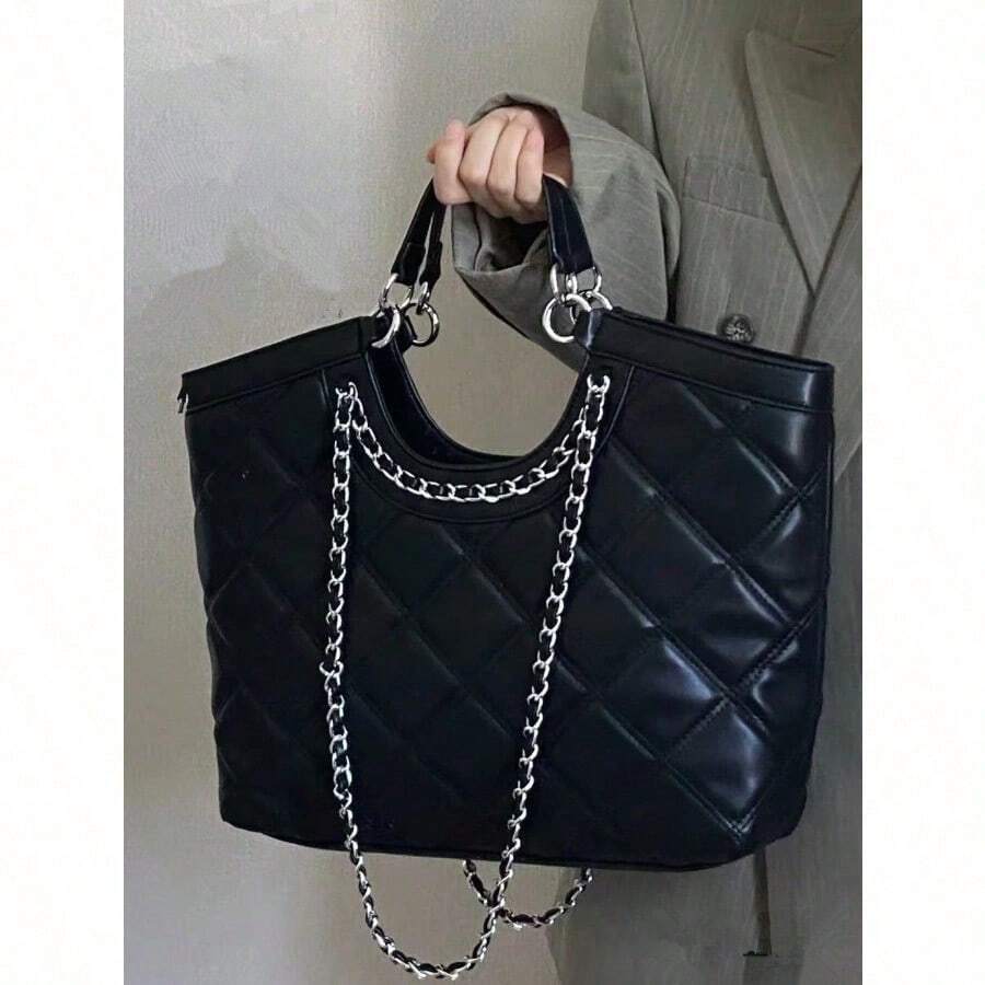 Xiaoxiangfeng Diamond Tote Bag, Lazy Wind Large-Capacity Portable Women's Bag, 2026 New Fashion Chain Shoulder Women's Bag, Simple Shopping Fashion Versatile Women's Bag. - 黑色 - 查看 1