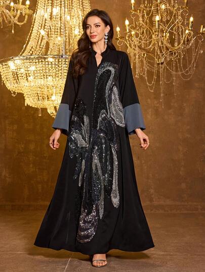  SUPGIR Women's [Random Print] Stand Collar Long Sleeve Handmade Beaded Satin Formal Dress