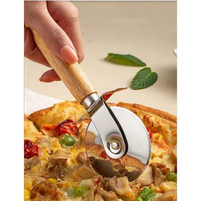 Conjunto de 1 peça: espátula de pizza em aço inoxidável, faca de pizza com cabo de madeira, rolo de pizza individual, estilo madeira natural, utensílios de cozinha essenciais, perfeitos para festas e refeições em família.