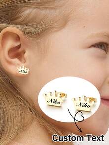 Personalized Cute Custom Name Stainless Steel Children's Crown Shaped Stud Earrings, Suitable For Eid Al-Fitr, Birthday Gifts - Multicolor - View 5