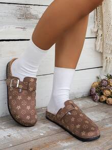 女士休闲纯色绒面革套脚穆勒拖鞋，有保暖内衬款和非保暖款可选 - 棕色印花 - 查看 4