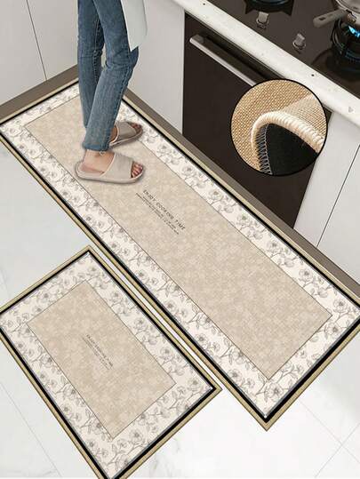 3.5毫米厚柔软橡胶亚麻厨房地垫，法式复古农舍风格吸水厨房地毯，缝边设计防止脱皮，吸水易清洁，适用于厨房、浴室、洗衣房、走廊、客厅等场所。