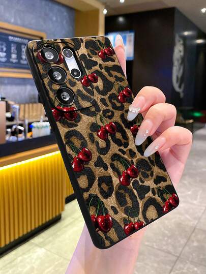 新款豹纹樱桃哑光质感手机壳，防摔防刮防指纹黑色TPU软壳，摄像头镜头保护，适用于三星、红米、OPPO、VIVO等手机。