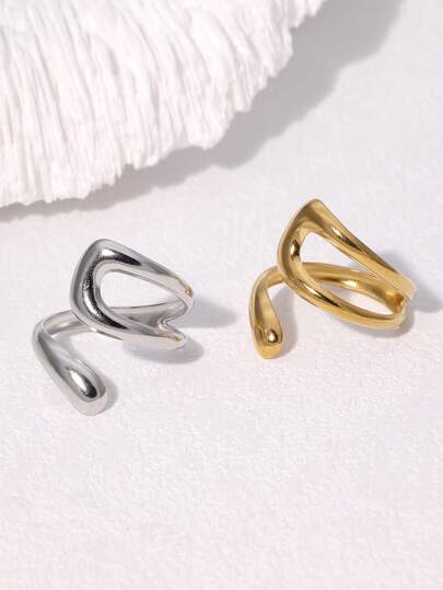 1pc Minimalist Chic Geometric Line Plated Stainless Steel Open Ring, Fashionable High-End Casual & Party Wear For Women