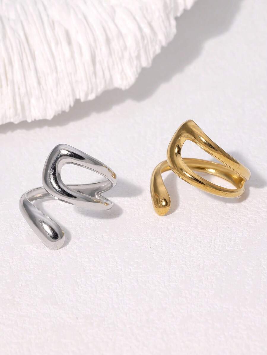 1pc Minimalist Chic Geometric Line Plated Stainless Steel Open Ring, Fashionable High-End Casual & Party Wear For Women - Multicolor - View 1