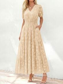 Women's Boho Maxi Dress, Summer Short Sleeve V-Neck Floral Flowy A-Line Long Dress, Formal For Wedding Guest & Baby Shower - 杏色 - 查看 4