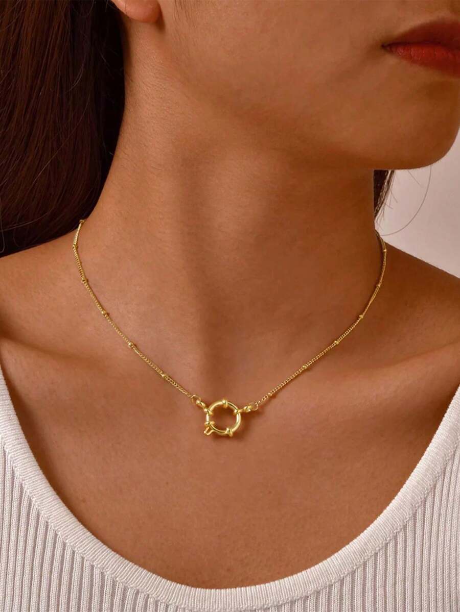 1pc Stainless Steel Waterproof Non-Fading Fashion Simple Spring Clasp Chain Necklace, Suitable For Women's Daily Wear - Side Chain Necklace - View 1