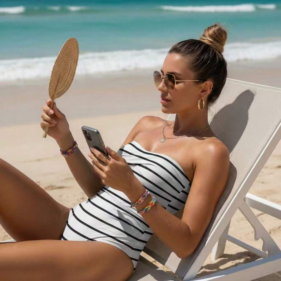 1pc Striped Contrast Color Casual Backless Bandeau Swimsuit, Vacation & Beach Wear For Summer - Black and White - View 1