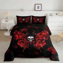 Castle Fairy 3pcs Goth Moth  Queen/King Comforter Sets Halloween Skull Bedding Set Suitable For Women Gothic Rose Botanical Plants Halloween Bed Set 3 PCS Wild Flowers Floral Bedding Set 2 Pillow Cases Home Textile - Đỏ Đen - Xem 2
