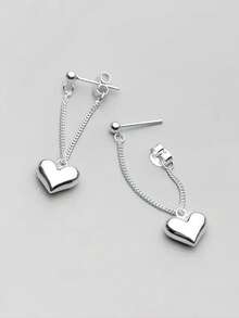 1 Pair S925 Sterling Silver Minimalist Romantic Heart Tassel Earrings, Unique Design Delicate Heart-Shaped Long Earrings, Versatile For Daily Wear, Elegant Gift - Love - View 6