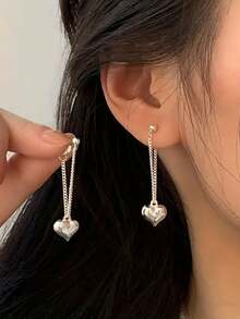 1 Pair S925 Sterling Silver Minimalist Romantic Heart Tassel Earrings, Unique Design Delicate Heart-Shaped Long Earrings, Versatile For Daily Wear, Elegant Gift - Love - View 1