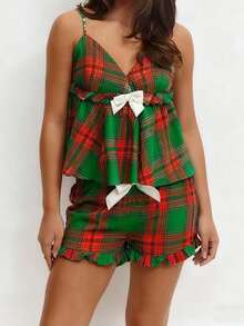 Women's Plaid Bow Trim Loungewear Set - V-Neck Cami  Ruffle Shorts Pajama Set With Contrast Bows For Fall  Winter Cozy Home  Holiday Relaxation - Matching Colors - View 2
