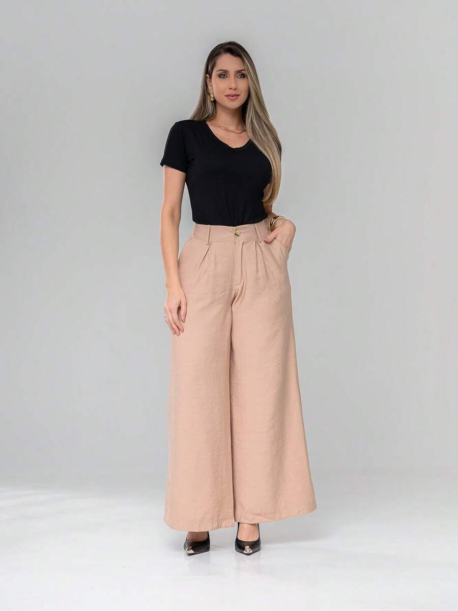 Women's Tailored Wide-Leg Trousers With Side Pockets, Buttons, And Zipper - Elegant, Formal, And Office Wear - 米色 - 查看 1