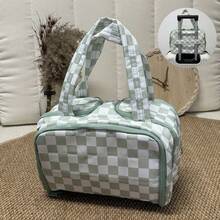 Checkered Toiletry Bag For Women,Large Capacity Waterproof Makeup Bag,Multi-Partitions Plaid Cosmetic Organizer,Wide-Open Travel Handbag - 綠色 - 查看 2