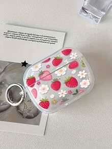 Strawberry Flower Painted Transparent Earphone Case With Button, Protective Soft Shell Compatible With Apple 1/2/3/4, Compatible With Airpods Pro 2nd, 3rd, 4th, 5th Generation Wireless Bluetooth Earphones, Transparent Case For Women - Multicolor - View 4