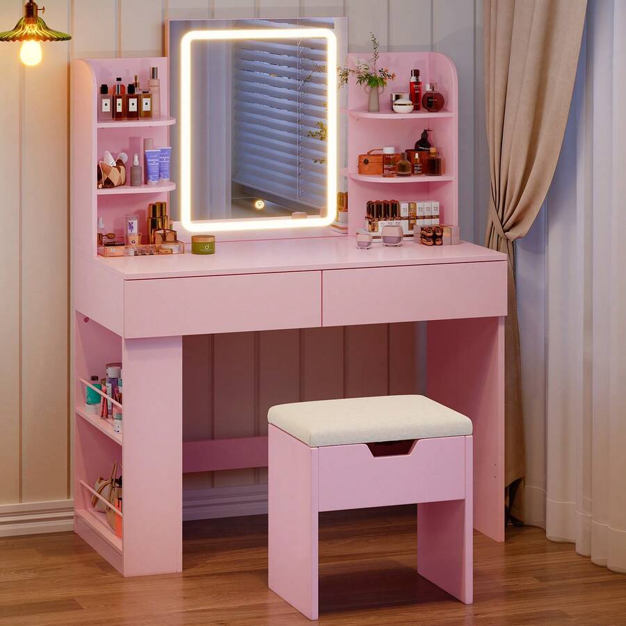 Devoko Dressing Table With LED Lighting, 3 Colors With Adjustable Brightness, Dressing Table With Mirror For Make-Up, Cosmetic Table With Adjustable Shelves, 2 Drawers, Modern, White - View 1