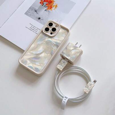 Set de 5 piezas Funda de teléfono con diseño de corazón arcoíris brillante en color rosa, que incluye protector de cargador y cable + cordón, cubierta protectora suave y mate de TPU a prueba de golpes compatible con iPhone 17 16e 16 15 14 13 12 11 Mini Pro Max Air X XR XSMAX 8 7 Plus, accesorio de moda para teléfono inteligente, diseño creativo, impresión UV, regalo de cumpleaños perfecto para amantes de la moda y la música