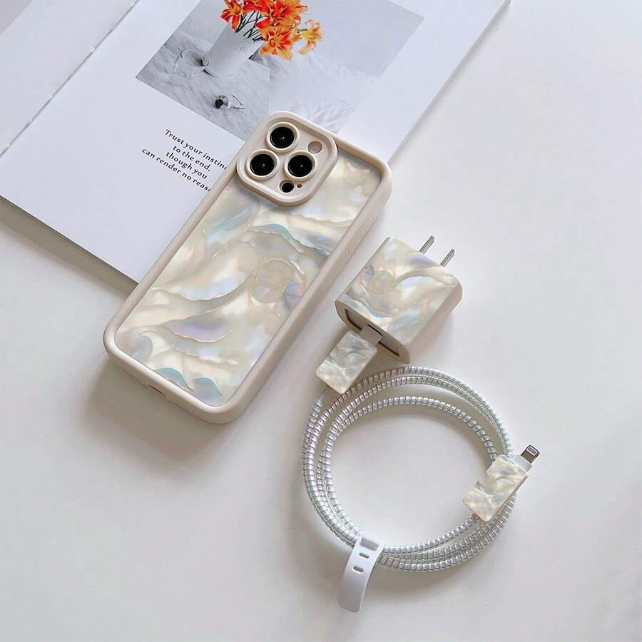 5pcs/Set Pink Shiny Rainbow Heart Pattern Phone Case, Including Charger Head Protector & Cable Guard + Lanyard, Shockproof Matte Soft TPU Protective Cover Compatible With IPhone 17 16e 16 15 14 13 12 11 Mini Pro Max Air X XR XSMAX 8 7 Plus, Fashionable Smartphone Accessory, Creative Design, UV Printing, Perfect Birthday Gift For Fashion & Music Lovers - Multicolor - View 1