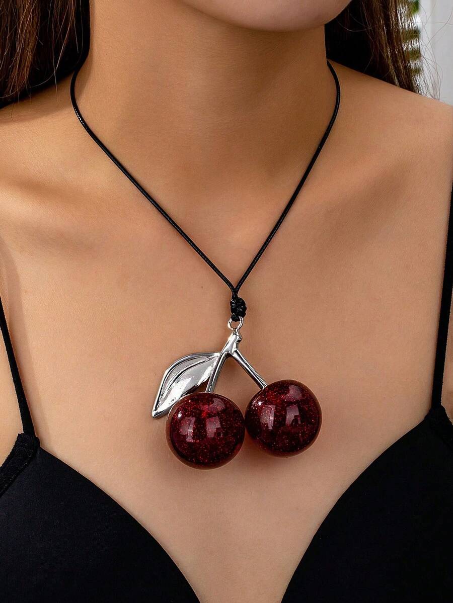 1件装女士樱桃吊坠项链，樱桃绳项链，时尚春夏樱桃项链 - 彩色 - 查看 1