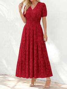 Women's Boho Maxi Dress, Summer Short Sleeve V-Neck Floral Flowy A-Line Long Dress, Formal For Wedding Guest & Baby Shower - 紅色 - 查看 3