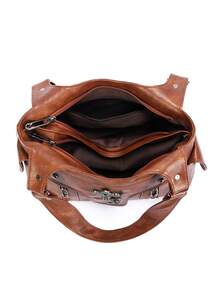 1件复古大容量手提包，复古PU单肩斜挎包，女士休闲托特包兼钱包 - 棕色 - 查看 7